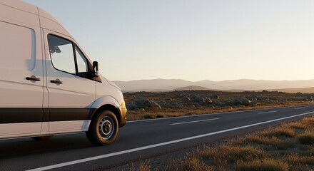 Obraz premium White Cargo Van Driving on an Empty Asphalt Road Through a Dry, Grassy Landscape at Golden Hour