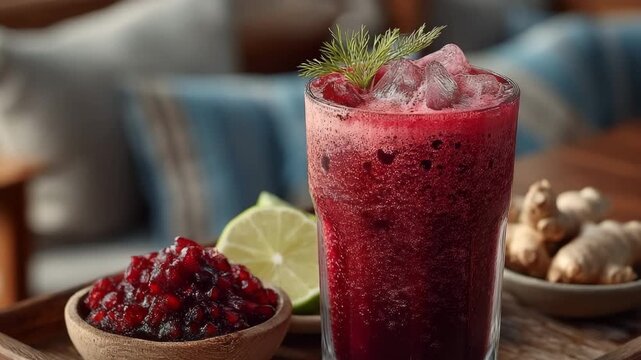 drinks lower blood pressure quickly. Chilled pomegranate slush in a clear glass with ice lime and ginger on wooden tray showcasing a refreshing beverage concept.