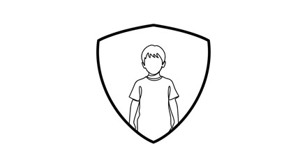 Fototapeta premium Minimalist line art illustration of a young boy protected inside a shield symbol.