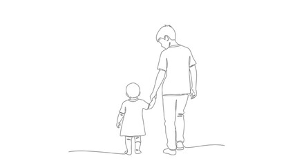 Obraz premium A simple line art drawing of a father walking hand in hand with his young child.
