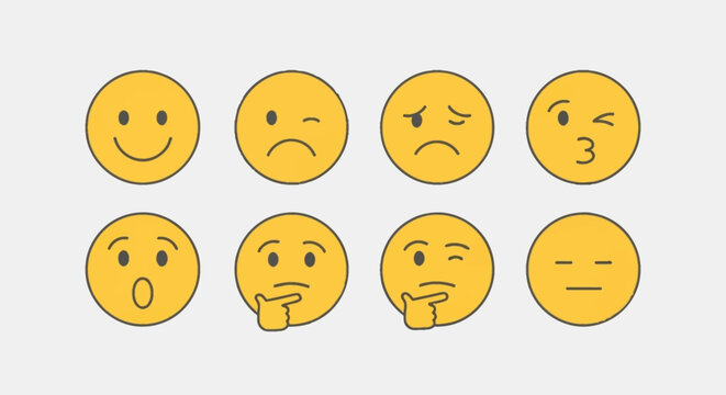 A collection of eight yellow emoji faces displaying various emotions and expressions against a light gray background.