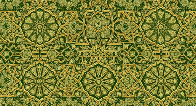 Intricate golden geometric pattern on a dark green background, resembling traditional Islamic or Moroccan tile work with repeating star and floral motifs.