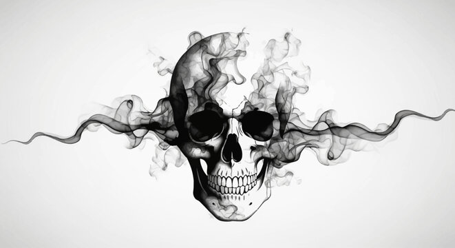 A striking black and white illustration of a human skull with dark smoke and wisps emanating from its form, creating an ethereal and ominous visual.