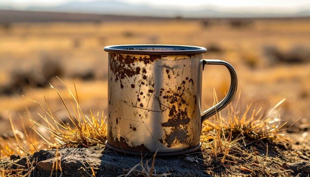 A weathered and dented tin cup resting on a patch of sparse grass in a rural landscape, capturing the essence of rugged outdoor adventure and the beauty of simple vintage camping equipment.