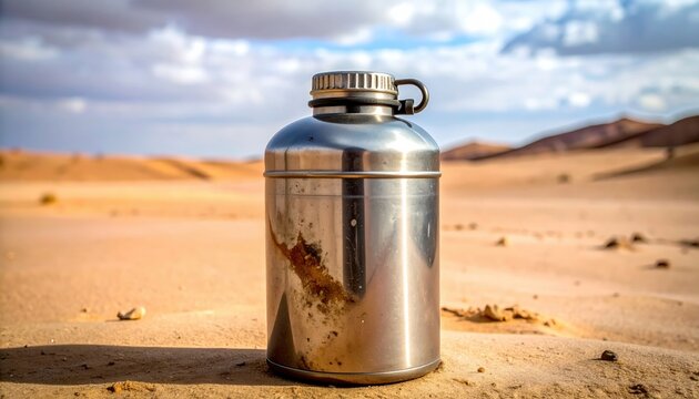 A weathered and dented metallic canteen sitting on the hot sand in the middle of a vast desert landscape.