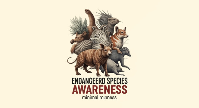 A striking illustration of various endangered species gathered together, promoting awareness for their conservation.