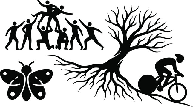 Abstract black silhouette set featuring teamwork success, cycling challenge, rooted tree growth, and butterfly transformation concepts