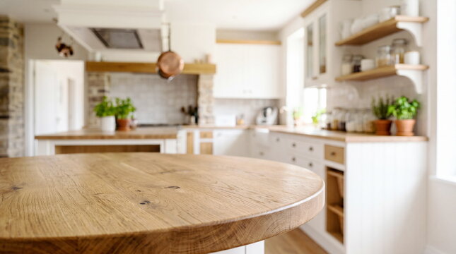 Empty round wooden oak table top in focus with blurred modern bright kitchen interior background.