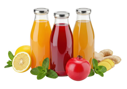 Three bottles of fresh fruit juice with citrus fruits and herbs displayed together