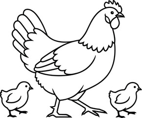 Fototapeta premium Hen Chicken with Two Chicks Farm Poultry Animal Outline Flat Vector Illustration Collection