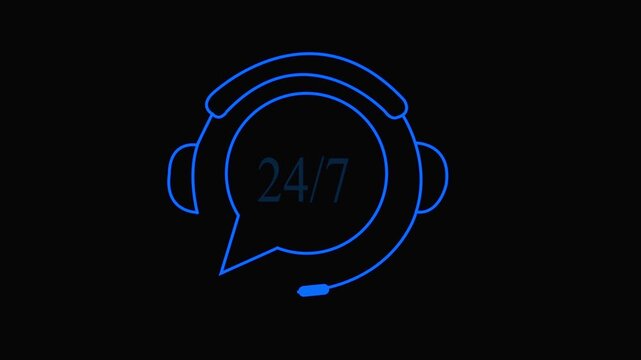 24/7 Customer Support Neon Icon with Headphones and Chat Bubble on Office icon animation.