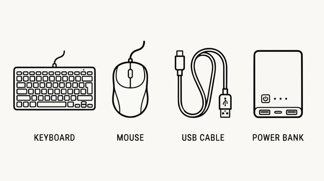 Set of computer accessories and electronic gadgets including keyboard, mouse, usb cable and power bank