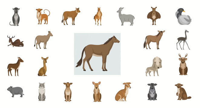 A diverse collection of animal illustrations featuring various mammals and a bird, presented in a grid layout with a prominent central horse-like figure.