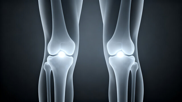 X-ray view of human knees showing bones and joints, highlighted with light, isolated on transparent background