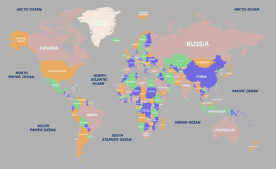 Naklejka premium Colorful world map hgih quality vector with all state and countrie names on grey background