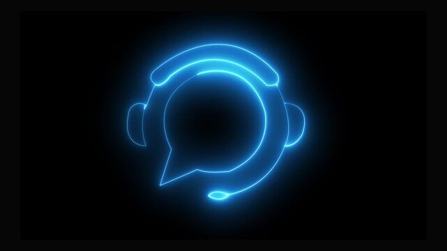 Customer Support Neon Icon with Headphones and Chat Bubble on black background 4k animation.