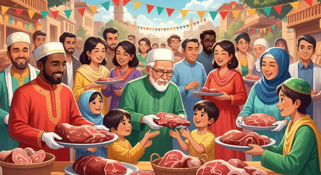 A diverse community celebrates a festive occasion, distributing raw meat to families and children in an outdoor setting.