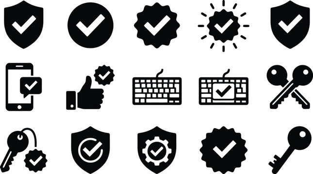 Sammlung von Sicherheitssymbolen und Verifizierungs-Icons, darunter Schilde, Schl&uuml;ssel, Tastaturen und Best&auml;tigungshaken in Schwarz-Wei&szlig;.