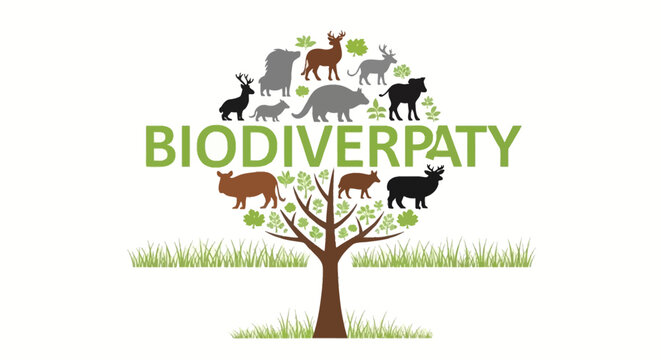 A stylized tree with a green canopy filled with animal silhouettes and the word BIODIVERPATY, representing biodiversity and nature.