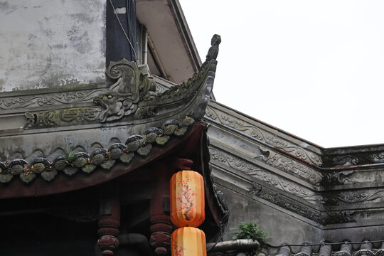 Chiwen (Hornless-dragon mouth) is a roof ornamental motif in the traditional ancient chinese roof at Jinli Ancient Street, Chengdu, Sichuan Province of China