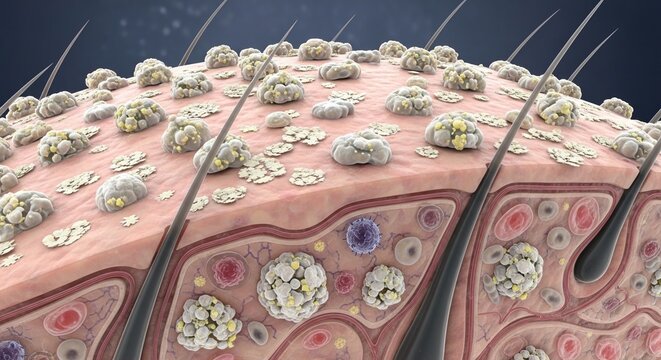 3d render of human skin cells and hair follicles, detailed medical illustration, scientific visualization