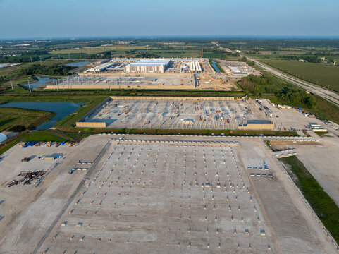 Mount Pleasant, Wisconsin, USA - August 7, 2025: Aerial drone view of Microsoft&rsquo;s Fairwater data center campus showing a newly graded construction pad prepared for a future facility