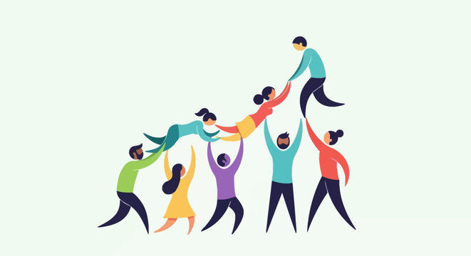 Diverse group of people collaborating and supporting each other to build a human pyramid, symbolizing teamwork and collective achievement.