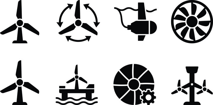 Verschiedene Symbole f&uuml;r Windkraftanlagen und Unterwasser-Turbinen zur Energieerzeugung.