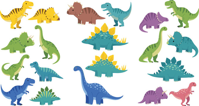 Cute Cartoon Dinosaur Collection Set with Colorful Flat Design Characters Including T-Rex Triceratops Stegosaurus and Brontosaurus for Kids