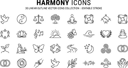 Fototapeta premium Set of 30 outline icons related to harmony. Linear icon collection. Editable stroke. Vector illustration 