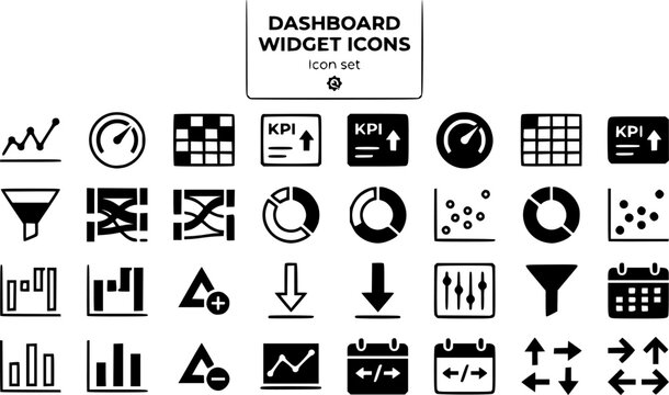 Dashboard Widget Icons Set Sparkline Gauge Heatmap KPI Card Funnel Sankey Donut Scatter Waterfall Metric Delta Drill Down Filter Panel Date Range Compare Vector