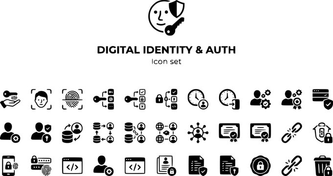 Digital Identity Auth Icon Set Passkey Biometric SSO OAuth Flow Session Expire Role Assign Directory Sync Federated ID Decentralized ID Verifiable Credential Revoke