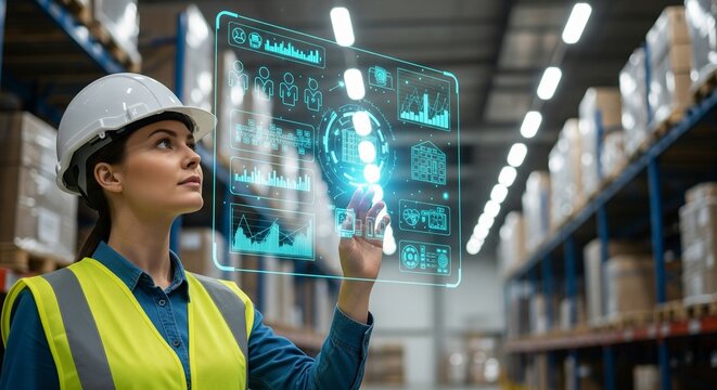 Woman in Hard Hat Interacting with Futuristic Holographic Display in a Warehouse, Data Visualization