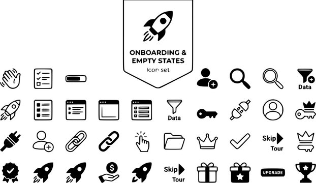 Onboarding Empty States Icon Set Welcome Wave Checklist Step Progress Bar First Action Zero Data Invite Teammate Connect Integration Setup Complete Tour Skip Upgrade Prompt