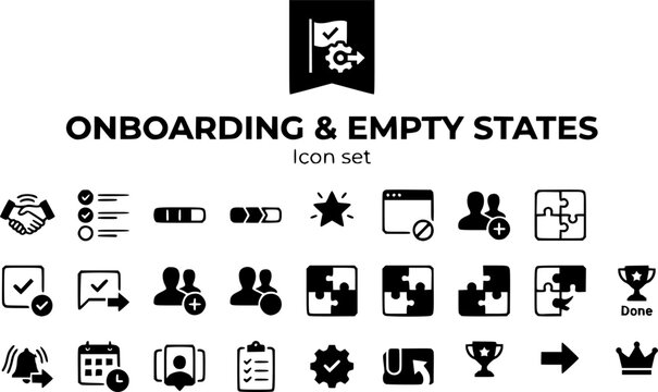 Onboarding Empty States Icon Set Welcome Wave Checklist Step Progress Bar First Action Zero Data Invite Teammate Connect Integration Setup Complete Tour Skip Upgrade Prompt