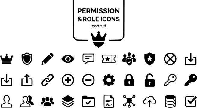 Permission Role Icons Set Owner Crown Admin Shield Editor Pencil Viewer Eye Commenter Bubble Guest Pass Org Admin Super Admin Revoke Inherit Override Guest Link Vector