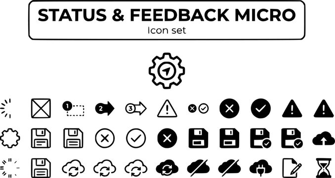 Status Feedback Micro Icon Set Loading Spinner Skeleton Progress Step Inline Error Inline Success Warning Saving Saved Syncing Offline Reconnecting Draft Pending Vector