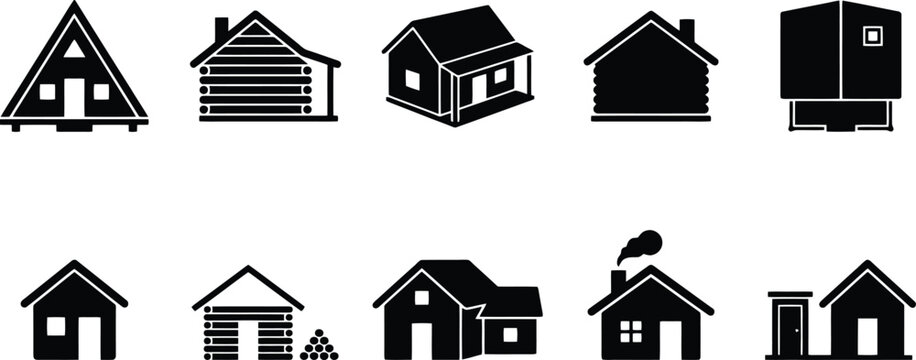 Sammlung von zehn schwarzen Silhouetten-Icons verschiedener H&auml;user und H&uuml;tten, die unterschiedliche Wohnformen darstellen.
