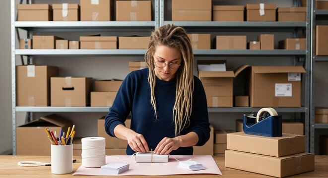 Woman packing parcels for shipping in a warehouse, preparing orders for delivery with tape