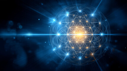 Obraz premium Abstract sacred geometry pattern inspired by world religious traditions with a glowing mandala for a universal spiritual concept. World religions sacred, glowing mandala,