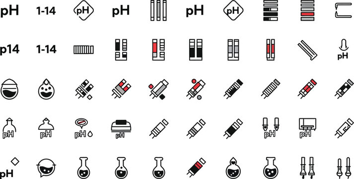 PH level testing icons show a variety of laboratory diagnostic tools and colorimetric strip symbols used for chemistry analysis and water quality monitoring.