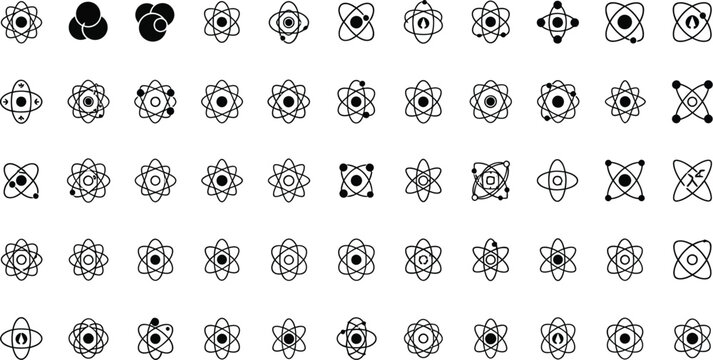 Atomic structure icons present a vast array of black line art symbols representing scientific particles and orbital models for educational use.