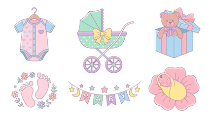 Fototapeta premium Baby Shower Elements With Onesie Stroller Gift Footprints Banner Newborn Baby Flower vector illustration