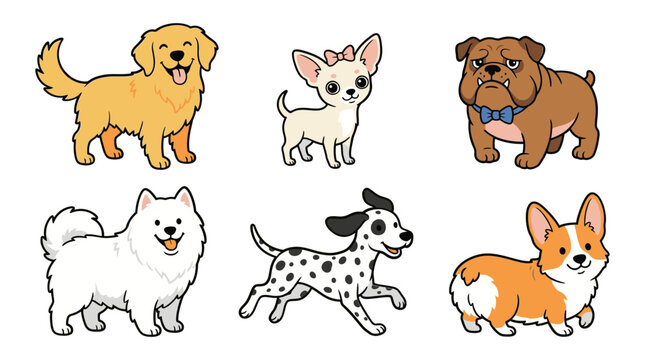 Six different breeds of cute cartoon dogs on black background Keywords: dog, puppy, golden retriever, chihuahua, bulldog