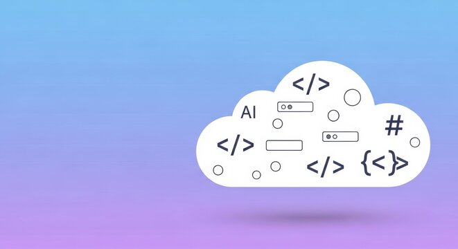 Cloud computing concept with abstract code elements and programming symbols on gradient background