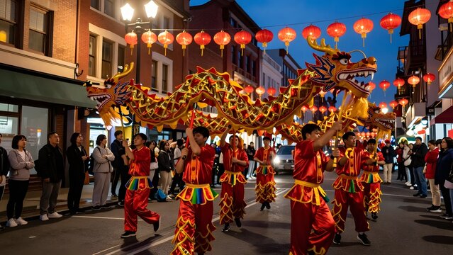 14. A dramatic photorealistic wide shot of a traditional dragon dance performance during Mid-Autumn Festival celebrations in a Chinatown street, the long colorful red and gold dragon costume held alof