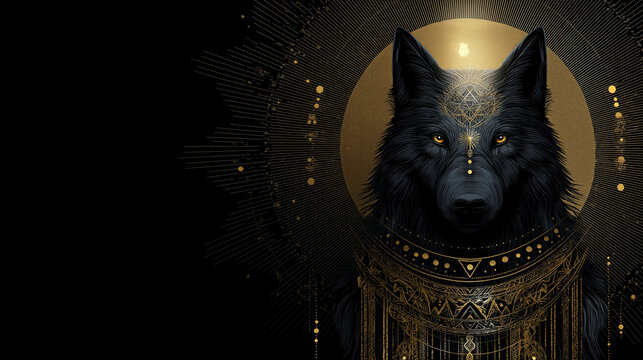 Black wolf spiritual art illustration featuring a mystical creature with sacred geometry and an ornate headdress in a bohemian style. Wolf sacred geometry, mystical headdress,