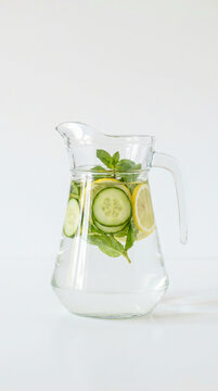Agua infusionada con pepino, lim&oacute;n y menta en jarra de vidrio, fondo blanco limpio, estilo minimalista.