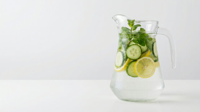 Agua infusionada con pepino, lim&oacute;n y menta en jarra de vidrio, fondo blanco limpio, estilo minimalista.