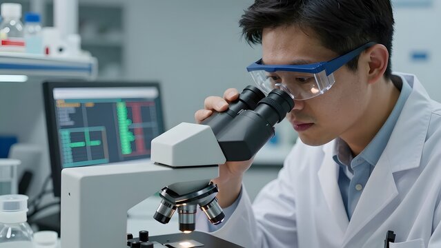 43. A stunning photorealistic close-up of laboratory medical research, a scientist in protective glasses and white lab coat examining samples through a high-powered microscope, scientific equipment in